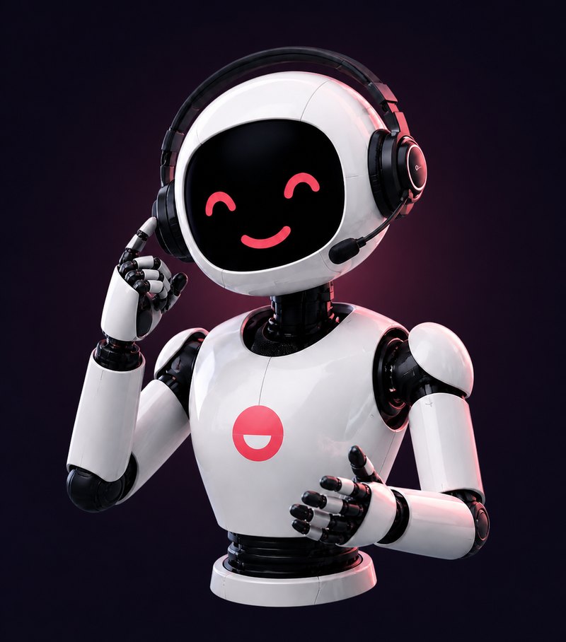 Mascotte BeAI répondant à un appel avec son casque